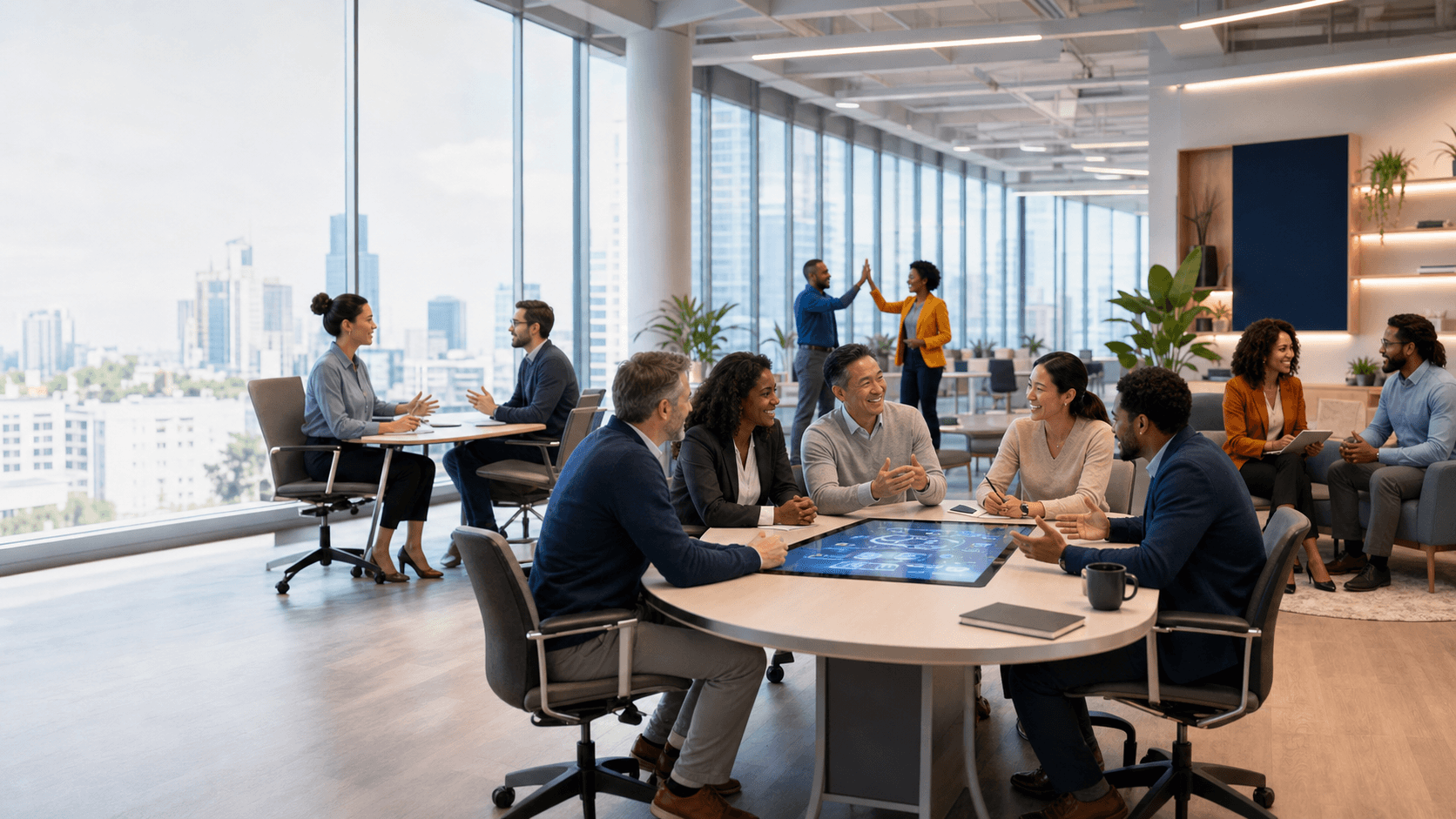 A diverse, cross-generational workplace collaborating around hiring and workforce decisions